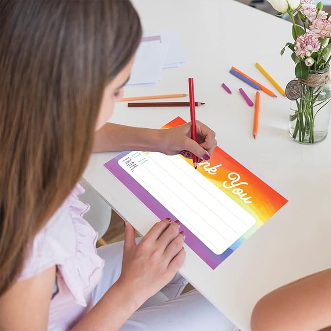 Andaz Press Kids Fill in the Blank Thank You Cards - 20 Cards Including Envelopes Watercolor Rainbow Gender Neutral Note Cards For Boys Girls Birthday Thank You Notes for Friends, Family Party Guests