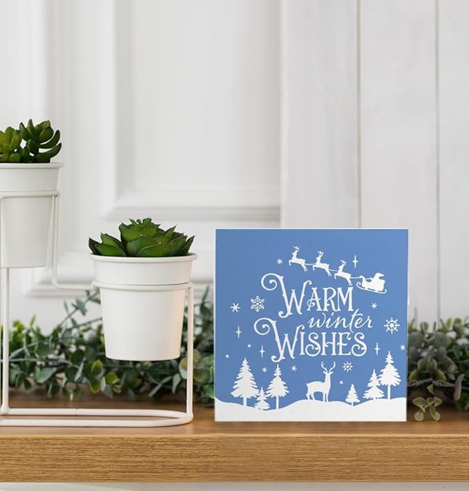 Warm Winter Wishes Christmas Wooden Box Sign,Christmas Desk Decor,Farmhouse Christmas Trees Santa Reindeer Xmas Wood Signs for Home Office Table Shelf Decoration,Winter Sign,5x5 Inch(blue)