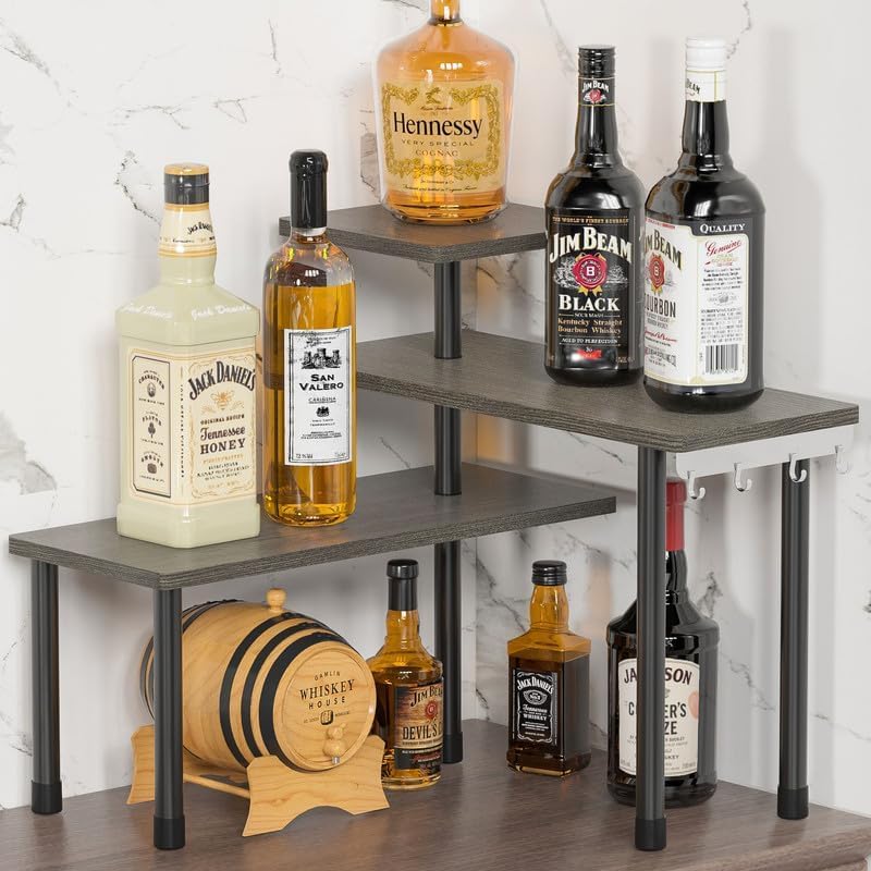ZHWS Kitchen Countertop Organizer, Bathroom Counter Organizer, Adjustable 3 Tier Corner Shelf with 4 Metal Hooks for Counter Organize, Spice Rack, Makeups, Coffee Station Bookshelf (Rustic Grey) - Image 3