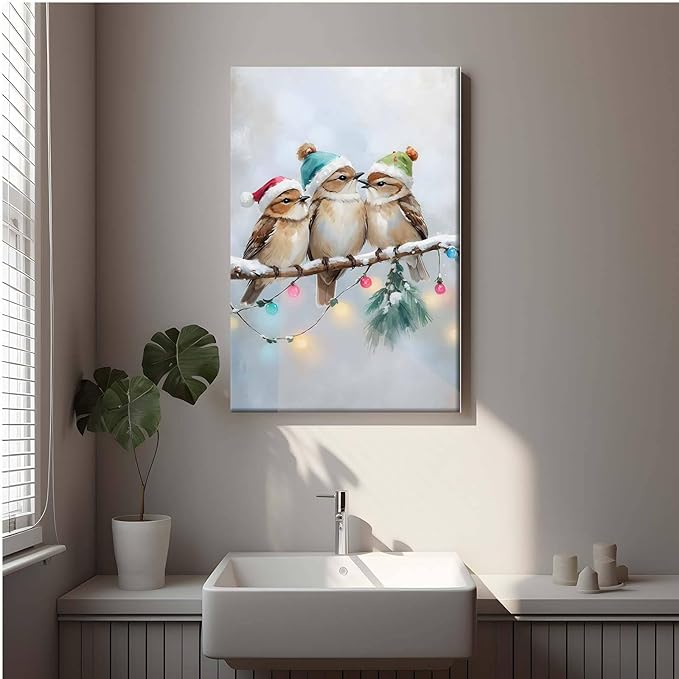 Framed Canvas Wall Art Christmas Birds Winter Art Print Wall Art Holiday Poster Trendy Christmas Decor 24x36in Wood Framed