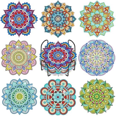 Diamond Art Coasters Kit for Adults, 8PCS Mandala Coasters with Holder by GEEHEIY