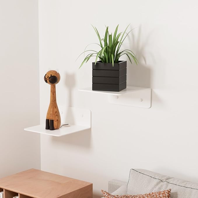 Small White Shelves for Wall, 4.92 Inch Metal Floating Shelves for Echo, Cameras, Small Speaker, Adhesive Display Ledges, No Drilling Wall Shelves for Bathroom, Living Room, Bedroom, 2 Pack