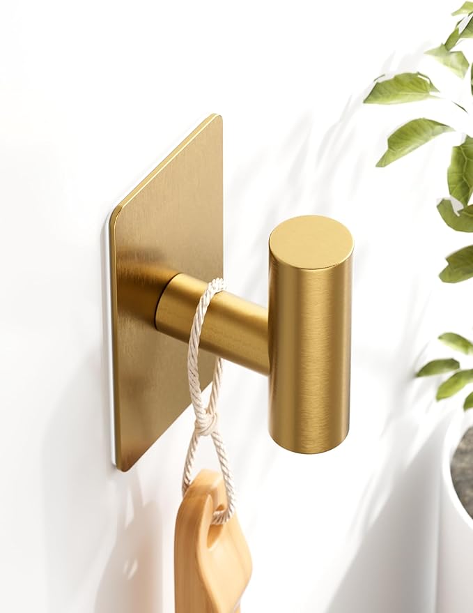 Towel Hooks for Bathrooms – 4 Pack, Brushed Gold Finish, T-Shaped Stainless Steel Adhesive Wall Hooks for Robes & Towels in Kitchen, Shower, or Closet