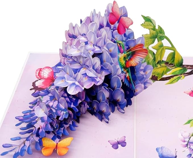 3D Pop Up Greeting Card – Hummingbird with Wisteria & Butterflies – Elegant Floral Card for Birthday, Mother’s Day, Anniversary & Special Occasions, F63