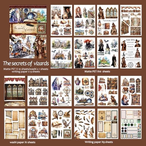 Snycler Sticker Book - 20 Sheets Vintage PET Stickers for Scrapbooking, Junk Journaling, Ephemera, and Decorative Crafts-The Secrets of Wizards - Image 6