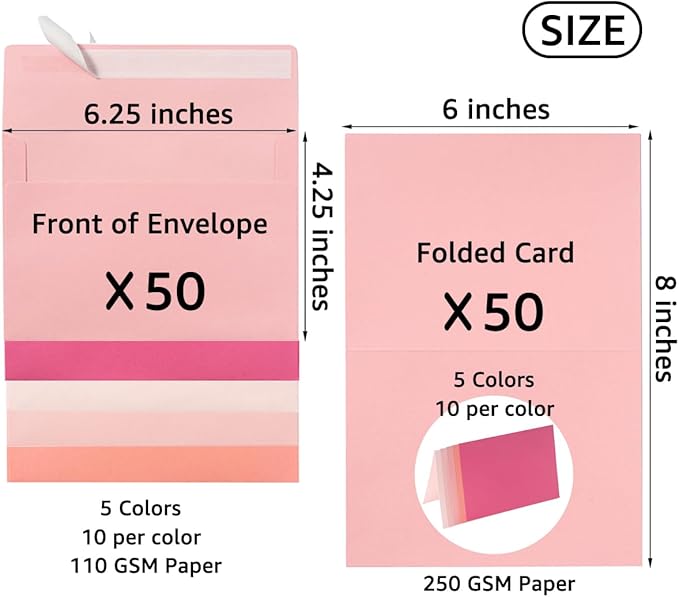 Wishop 50 Pack Pink 4x6 Self-Adhesive Envelopes with Fold Cards 5 Colors for Wedding Invitations and Greeting Cards (Pink 5 Colors, 4x6)