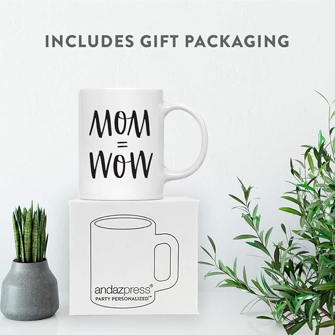 Andaz Press Mother's Day 11oz. Ceramic Coffee Tea Mug Gift for Mom, Mom = Wow, 1-Pack
