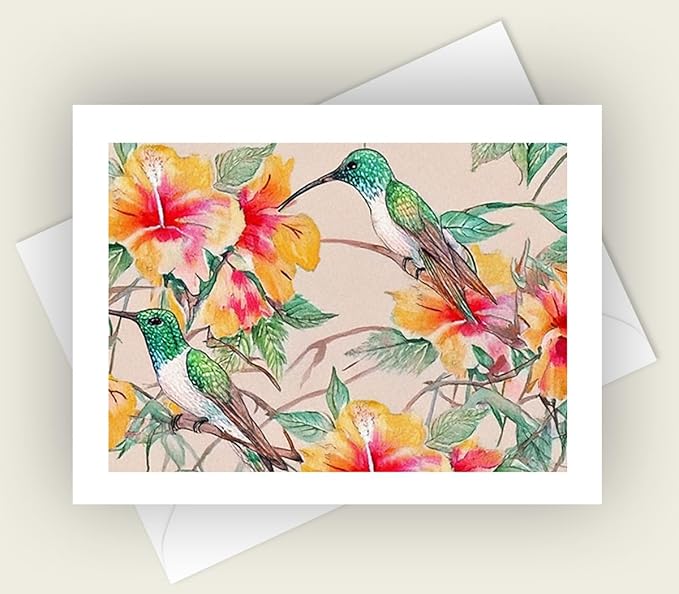 Watercolor Hummingbird Greeting Cards, 5x7 Blank Note Cards with Envelopes, Set of 10, Floral All Occasion Cards