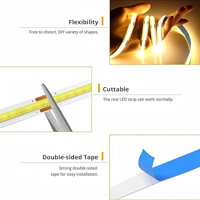 COB LED Strip Lights Warm 6.56ft, 5V Dimmable LED Light Strip, Flexible USB LED Strip for Cabinet, TV Backlighting, Bedroom, Kitchen, Home DIY Lighting