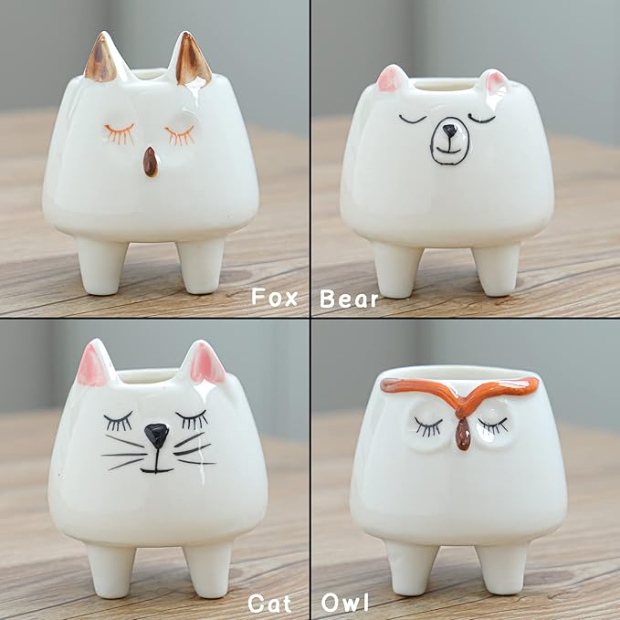 ARTKETTY 8 Pcs Succulent Pots with Drainage, Small Cartoon Animal Planters Ceramic Planter Pot for Indoor Cactus Plants Mini Cute Flower Plant Container for Desk Windowsill Decoration
