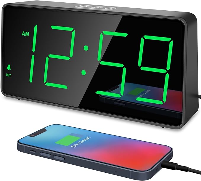 Peakeep Digital Clock, Alarm Clock for Bedrooms with USB Charger Port - Large Big Numbers 5 Brightness for Seniors, Battery Backup, Loud Alarm 5 Volums (Black with Green Digits)