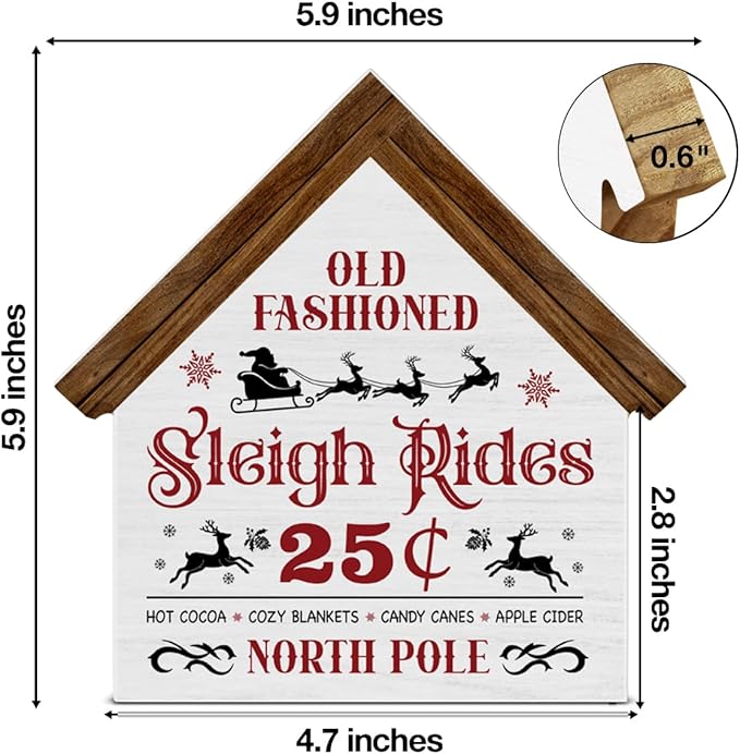 Rustic Christmas Sleigh Decor, Sleigh Rides House Shaped Wooden Sign, Home Farmhouse Christmas Decorations for Desk Table Shelf