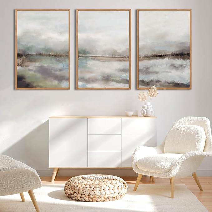 Large Abstract Neutral Wall Art Framed Modern Grey Artwork for Living Room Bedroom Bathroom Decor 16x24 Inch Set of 3