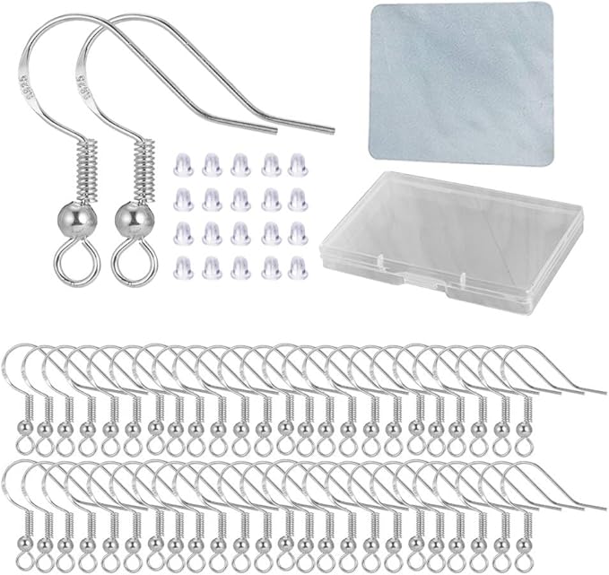Hypoallergenic Fish Hooks Earrings - 120 PCS/60 Pairs White Gold Plated Ear Wires Fish Hooks for Jewelry Making, Jewelry Findings Parts with 120 PCS Rubber Earring Backs Stopper for DIY Earrings