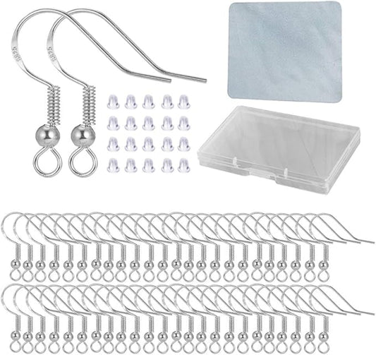 Hypoallergenic Fish Hooks Earrings - 120 PCS/60 Pairs White Gold Plated Ear Wires Fish Hooks for Jewelry Making, Jewelry Findings Parts with 120 PCS Rubber Earring Backs Stopper for DIY Earrings