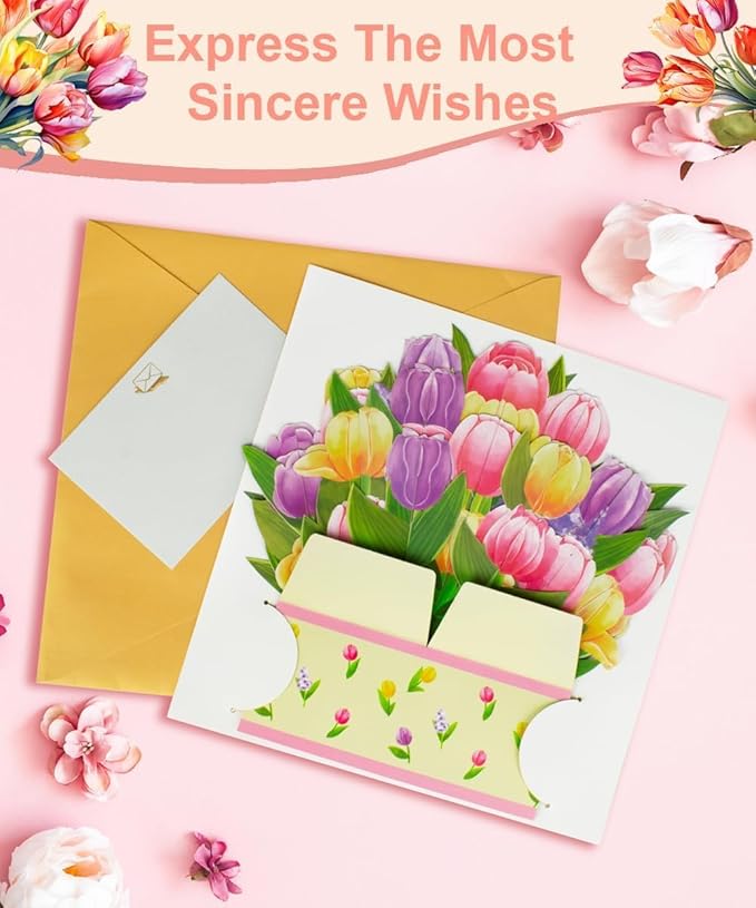 Magic Ants Flower Paper Pop Up Cards - Sunflower+Tulip+Lily- Mother's Day, Birthday, Thank You Greeting Card for Mom - 3D Popup Flower Bouquet Design - Includes Envelop