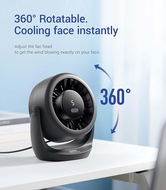Diveblues USB Desk Turbo Fan, Ultra-Quiet Mini Desk Fan, Powerful Wind, LED Display, 5 Speed, 360° Rotating Small Portable Fan for Home, Office and Outdoor Cool Tech Gadgets - TurboBreeze