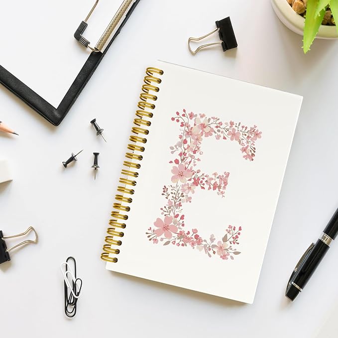 Pink Cute Spiral Notebook Journal, Preppy Floral Initial Letter E Personalized Journaling Notebooks, Monogrammed Gifts for Women Girls, Botanical Hardcover Spiral Lined Notebook 5.5 x 8.3