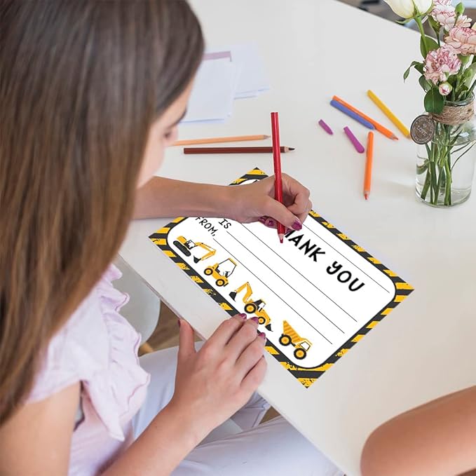 Andaz Press Kids Fill in the Blank Thank You Cards - 20 Cards Including Envelopes Construction Trucks Fun Gender Neutral Note Cards For Boys or Girls Thank You Notes for Friends, Family, Party Guests