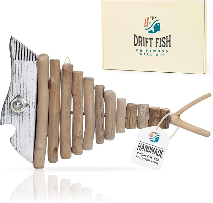 Mint Bucket Brands Driftwood Fish Nautical Wall Decor - 18" x 10" Handmade Wooden Rustic Coastal Wall Art for Living Room, Bedroom, Office, Bathroom - Ocean Beach Decoration (Misty)
