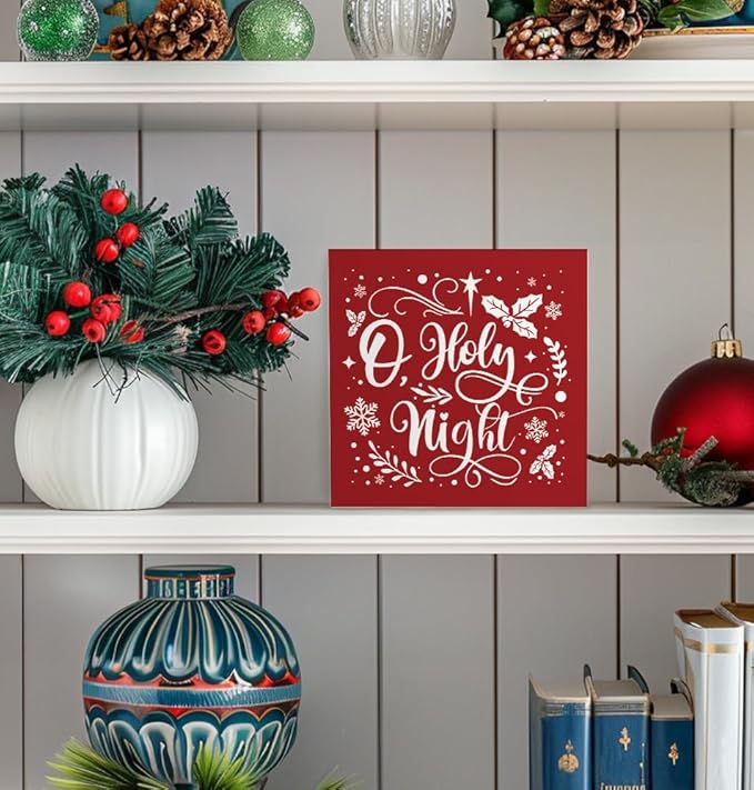 O Holy Night Christian Christmas Wooden Box Sign, Desk Decor, Farmhouse Red Xmas Wood Signs for Home Office Table Shelf Decoration, 5x5 Inch