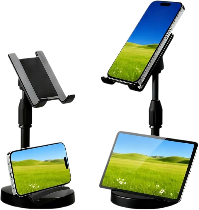 Versatile Dual Phone Holder Mount, Adjustable Height & 360° Rotation, Ergonomic Stand for Simultaneous Phone and Tablet Use, Perfect for Home, Office, and Travel