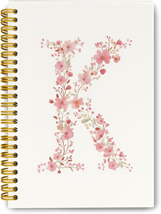 Pink Cute Spiral Notebook Journal, Preppy Floral Initial Letter K Personalized Journaling Notebooks, Monogrammed Gifts for Women Girls, Botanical Hardcover Spiral Lined Notebook 5.5 x 8.3