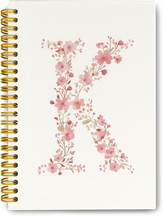 Pink Cute Spiral Notebook Journal, Preppy Floral Initial Letter K Personalized Journaling Notebooks, Monogrammed Gifts for Women Girls, Botanical Hardcover Spiral Lined Notebook 5.5 x 8.3