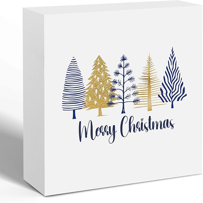 Navy Blue Gold Christmas Tree Wooden Box Sign, Christmas Signs for Home Decor, Minimalist Xmas Tree Wood Signs for Home Office Desk Shelf Tabletop Decor, 5x5 Inch Decorative Signage