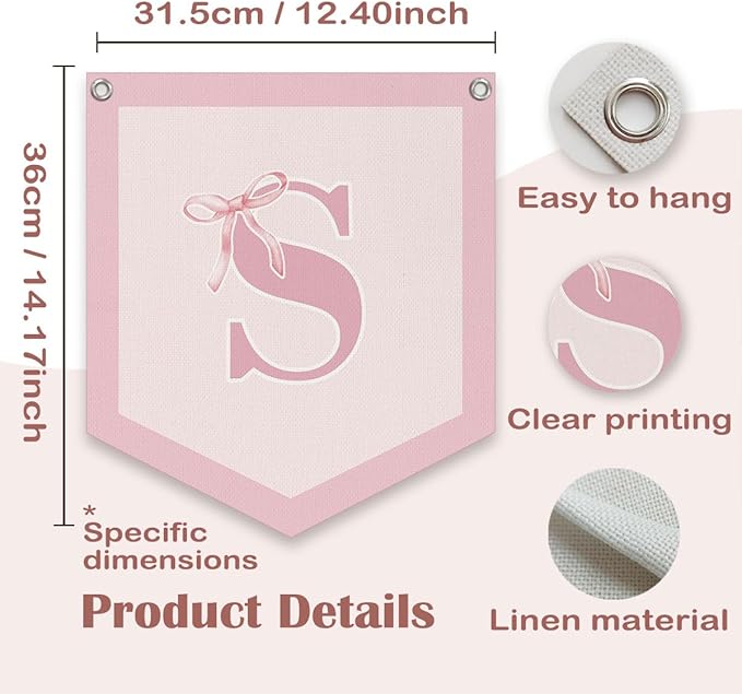 Lacama Initial Personalized Preppy Banner, Baby Girl Nursery Shower Decor Gifts, Coquette Pink Bow Teen Girl Gifts, Vintage Room Decor Toddler Room Bedroom Playroom Front Door Birthday Gift(S)