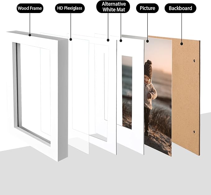 KINLINK 6x8 Picture Frame White, Solid Wood Frames with Acrylic Plexiglass for Pictures 4x6 with Mat or 6x8 without Mat, Tabletop and Wall Display Photo Frame, Set of 4