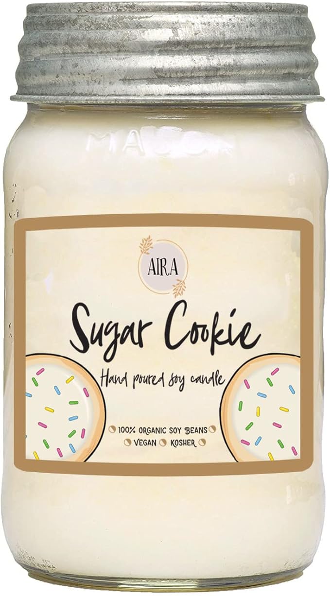 Aira Soy Candles - Organic, Kosher, Vegan, in Mason Jar w/Therapeutic Grade Essential Oil Blends - Hand-Poured 100% Soy Candle Wax - Paraffin Free, Burns 110+ Hours - Sugar Cookie Scent - 16 Ounces