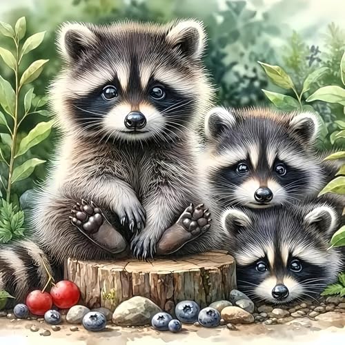 5D Animals Diamond Painting Kits for Adults,Raccoon Family Diamond Art Kits by BYGFHLYW