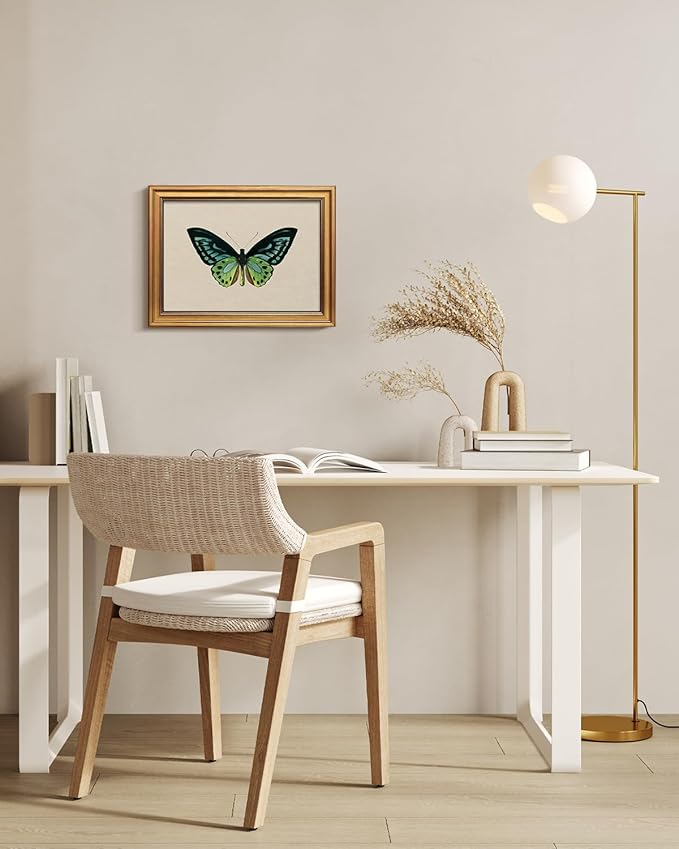 Bzstyleart Vintage Wall Art Decor,Vintage Gold Framed Wall Art,Green Butterfly Frmaed Artwork for Office,Aesthetic Canvas Picture Print,Painting for Bedroom Living Bathroom,Halloween Pictures Framed,12 x 16 Inch