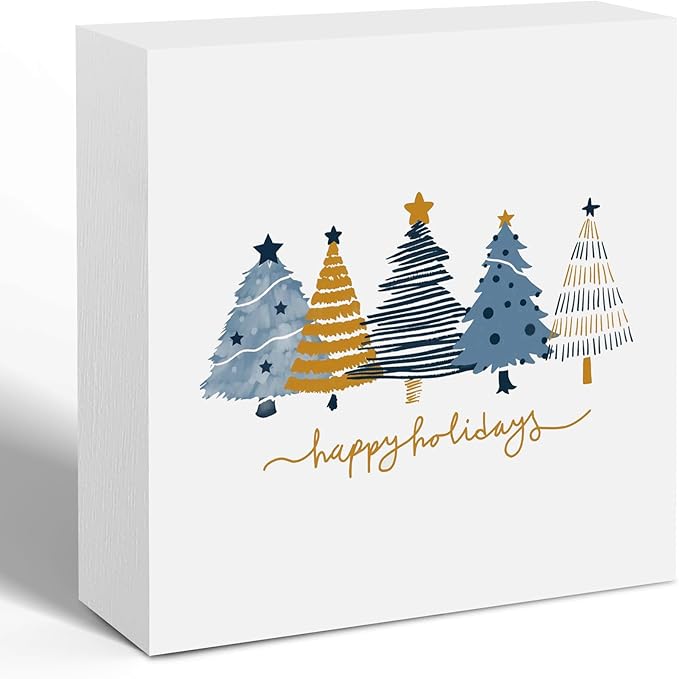 Minimalist Navy Blue and Gold Christmas Tree Wooden Box Sign, Preppy Christmas Desk Decor, Xmas Tree Winter Happy Holiday Wood Signs for Home Office Desk Shelf Tabletop Decor, 5x5 Inch Decorative Signage
