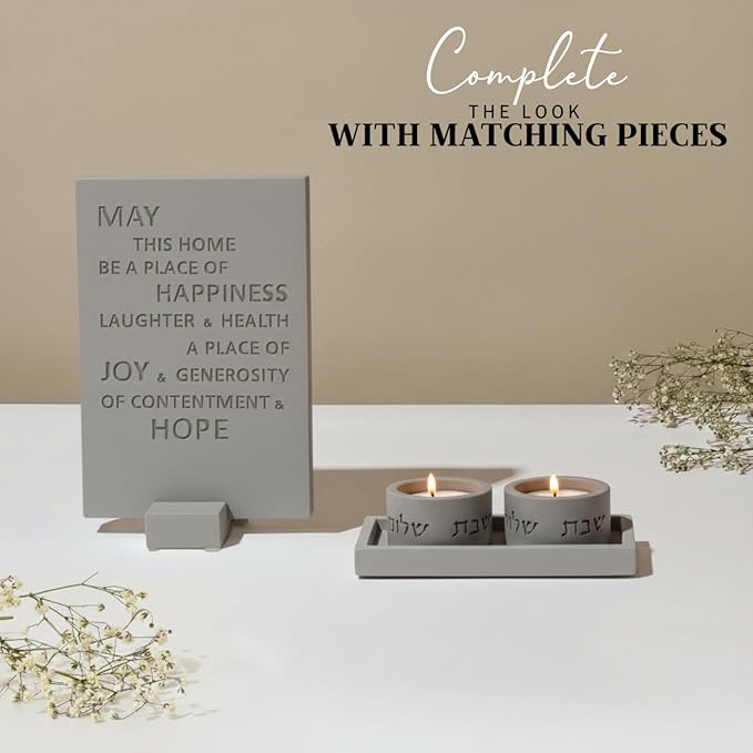 SURI Shabbat Candle Holders Set – Modern Judaica Shabbat Candlesticks for Tea Lights – Concrete Shabbos Candles Holders, Dripless Design – Jewish Gift & Home Decor