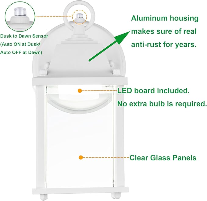 LIT-PaTH Small Outdoor LED Wall Lantern with Dusk to Dawn Photocell, 5000K Daylight White, 9.5W, 800 Lumen, Aluminum Housing Plus Glass, Outdoor Rated, 1-Pack, White
