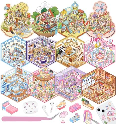 12 Sets DIY 3D Sticker Scene for Kids, Fun DIY Sticker Scene Cute Animal by pindda