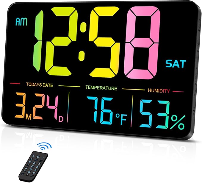 MASHI Digital Clock, 13" Large Display Digital Wall Clock, Adjustable Brightness Calendar Clock with Day and Date,DST,Alarms,Humidity,Temperature for Desk,Wall Mounted (Black Case Color Light)