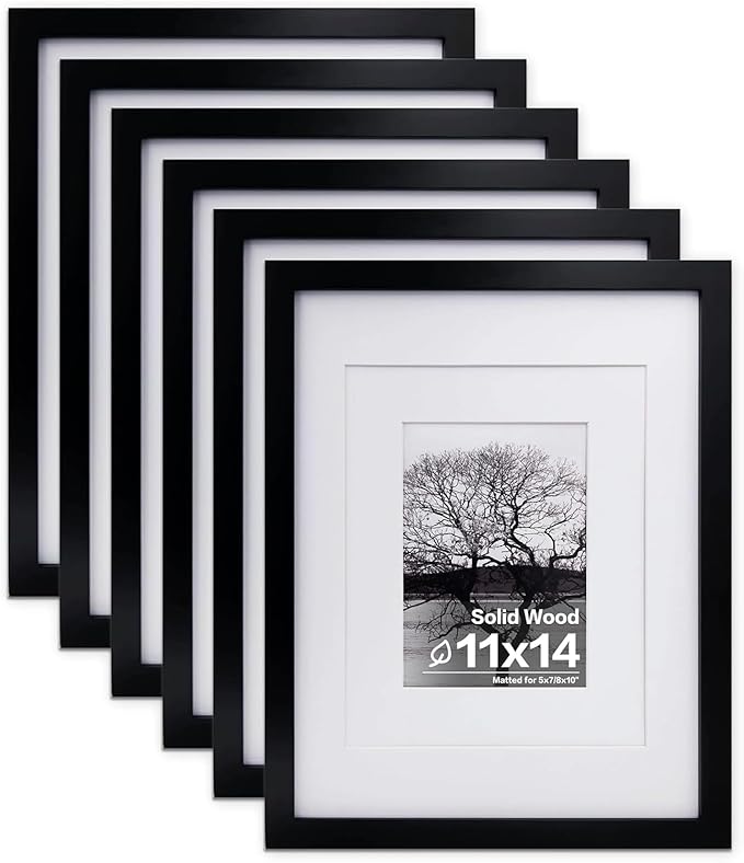 Egofine 11x14 Picture Frames Made of Solid Wood 6 PCS Black Covered by Plexiglass - for Table Top and Wall Mounting for Pictures 8x10 or 5x7 with Mat Horizontally or Vertically Display Photo Frame