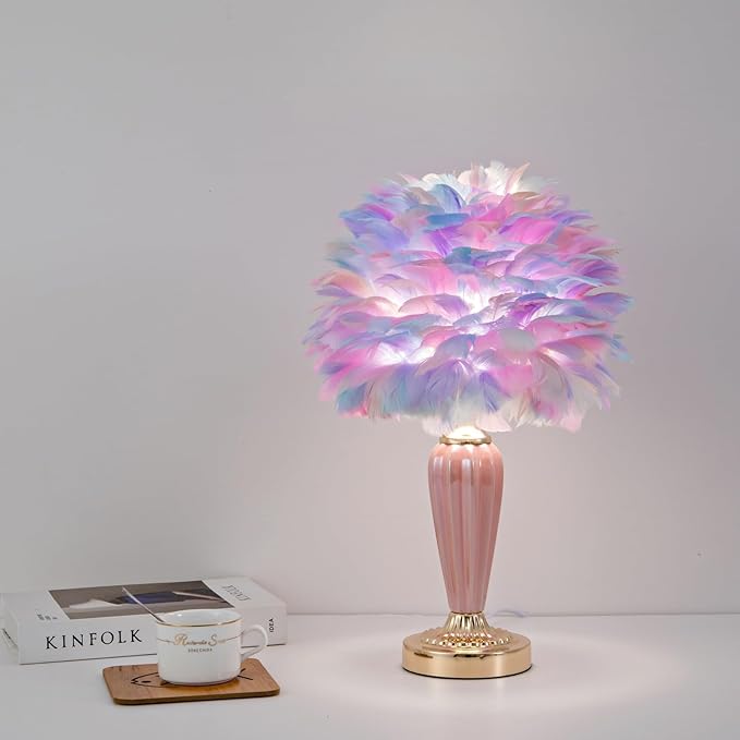 Colorful Feather Lamp Fluffy Table Lamp Furry Bedside Lamp Romantic Princess Lights Goose Feather Night Light for Bedroom Wedding Decor Valentines Dating Livingroom Hotel Office