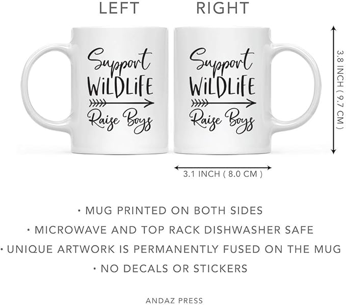 Andaz Press Mother's Day 11oz. Ceramic Coffee Tea Mug Gift for Mom, Support Wildlife Raise Boys, 1-Pack, Birthday Christmas Gift Ideas