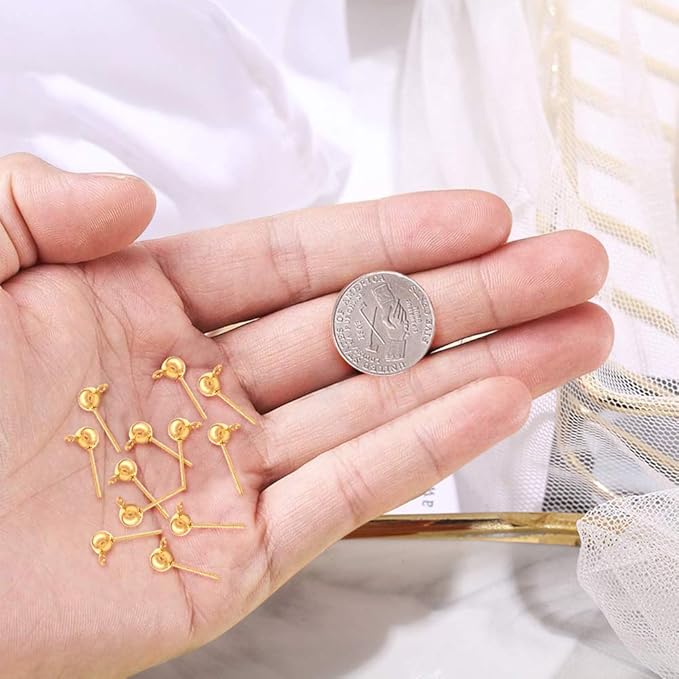 100pcs Ball Post Earring Studs for Jewelry Making, Round Ball Earring Posts with Loop Hypoallergenic Ear Pins and 100Pcs Clear Ear Backs for DIY Jewelry Findings Making Kit(KC Gold)