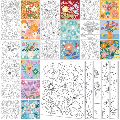 Teling 12 Pcs Pre Drawn Stretched Canvas Kit for Adults Painting Pre Printed Canvas Outline for DIY Painting Party Favor,6 x 6 x 0.6 Inches(Flower) by Teling