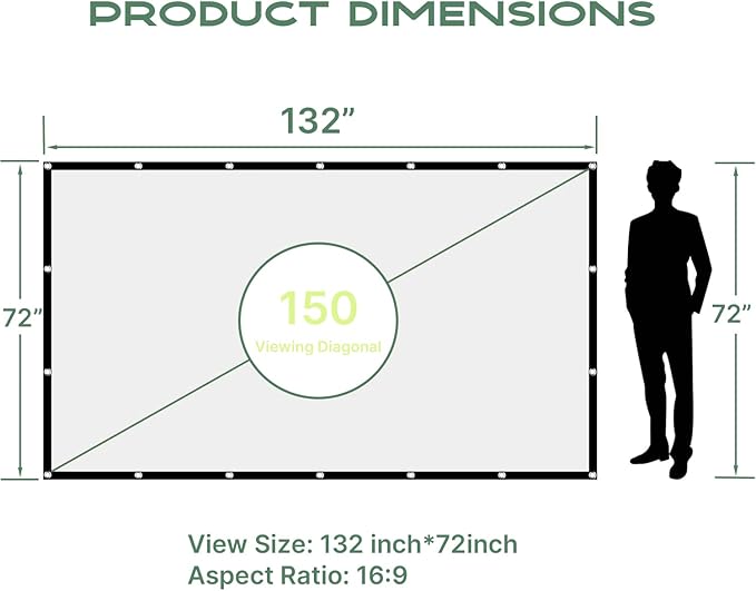 AAJK Projector Screen 150 inch, Washable Projector Screen 16:9 Foldable Anti-Crease Portable Projector Movies Screen for Home Theater Outdoor Indoor Support Double Sided Projection