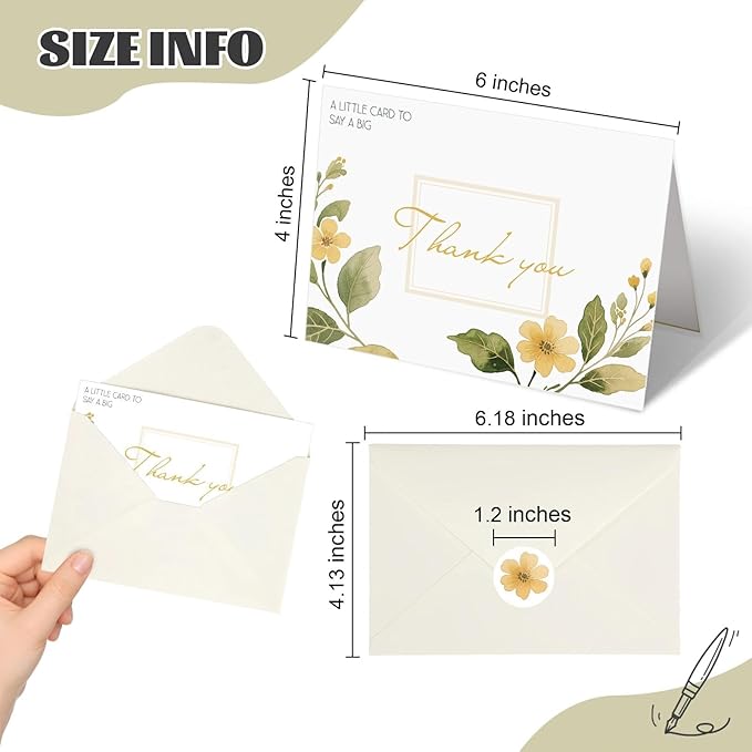 32 Floral Thank You Cards with Envelopes, Sealing Stickers, 4x6 Blank Cards with 4 Unique Designs, 300gsm Note Cards Premium Cardstock, Bulk Cards for Wedding, Graduation, Baby Shower