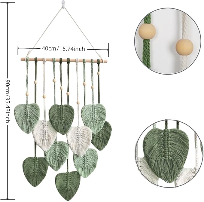 Avoik Macrame Wall Hanging Boho Woven Tapestry Handmade Home Wall Decor Bohemian Leaf Modern Chic Wall Art Green Feather Decorations for Living Room Bedroom Apartment Nursery Farmhouse Backdrop