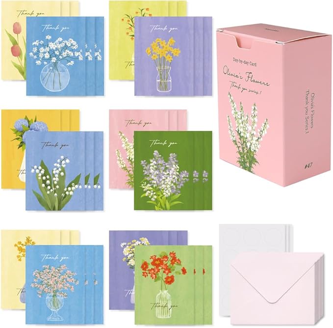 Monolike Day-by-day Card, Thank you - Olivia's Flowers Series.1 - Mix 36 Mini Single cards, 36 envelopes, 36 stickers Package