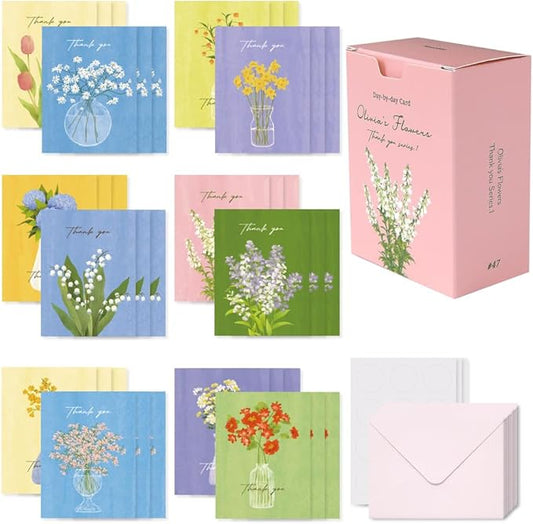 Monolike Day-by-day Card, Thank you - Olivia's Flowers Series.1 - Mix 36 Mini Single cards, 36 envelopes, 36 stickers Package