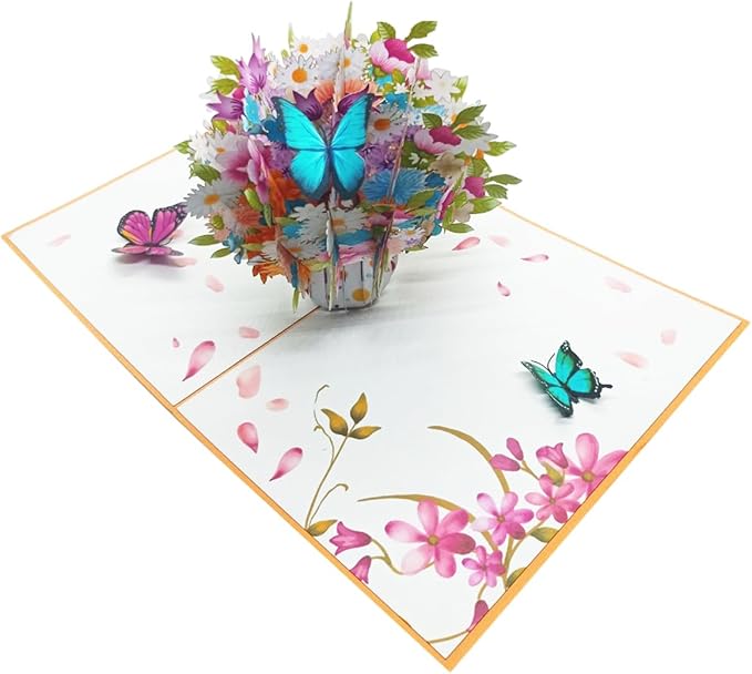 iGifts And Cards Flower Vase Magic Pop Up Card – 6" x 8" 3D Floral Bouquet Greeting with Butterflies for Birthday, Mother’s Day, Anniversary, Thinking of You, Surprise Gift with Envelope